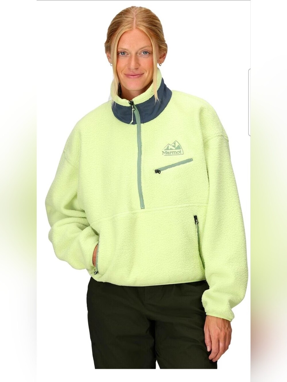Marmot women's recycled fleece cropped pullover lime yellow/green